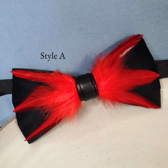 NEW Black Red Modern Groom Natural Multi layer Feather Evening Bow Tie - Picture 2 of 6